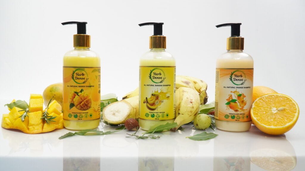 Herb dense mango orange and banana shampoo with natural fruits